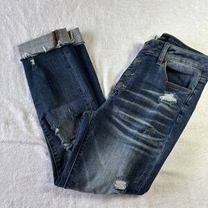 Risen Women's Jeans  Whiskers Button Fly Distressed  Raw Hem Size  9/29